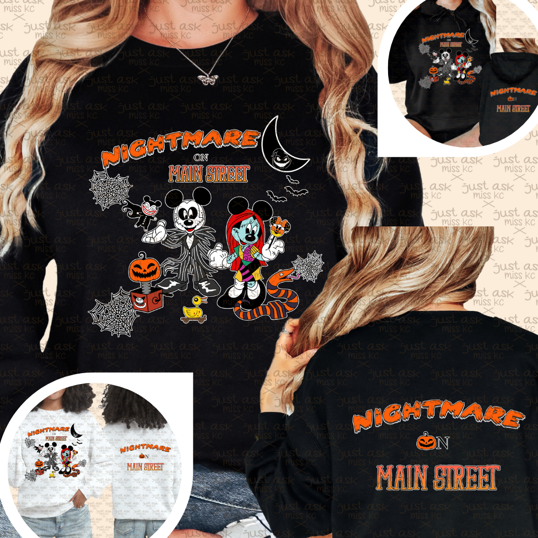 Nightmare on Main Street Crewneck, Hoodie, Sweatshirt, Disney Halloween, Nightmare before Christmas, Fall Shirt Spooky Horror Characters Boo Scary Park Pumpkin