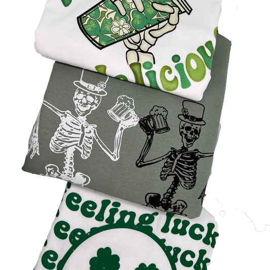 Seasonal St.Patricks Day T-Shirts, Crewneck, Sweater, Feeling Lucky, Magically Delicious, Skeletons, Cheers, Patty's Day, Clover
