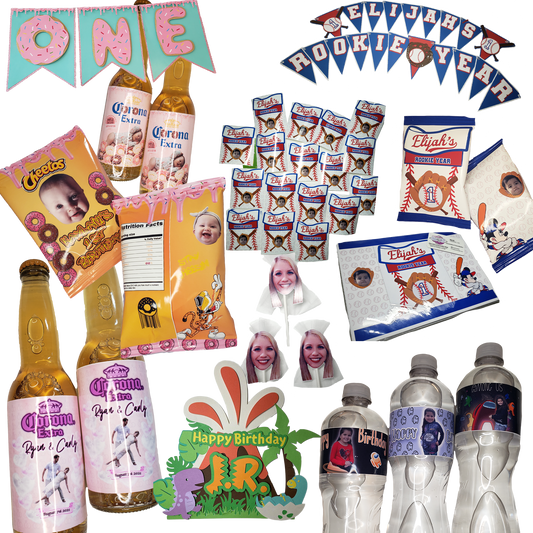 Custom Party Decor, Chip Bags, Drink Labels,Candy Wrappers,  Beer, Juice, Water, Personalized Favors, Snack Bags